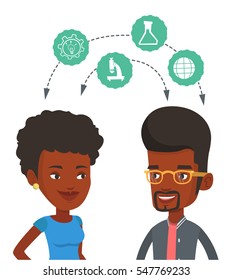 African students brainstorming. Two students sharing with the ideas. Students studying together and arrows with school icons between them. Vector flat design illustration isolated on white background.