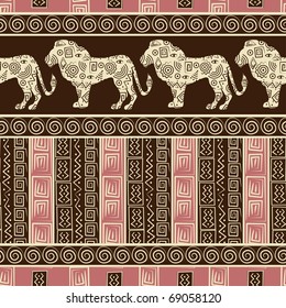 African style seamless background with lions and abstract figures