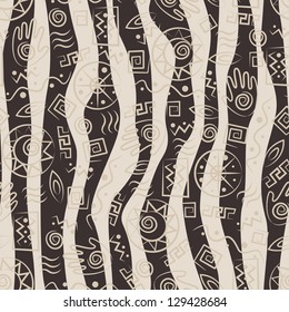 African style seamless pattern with  ancient tribal symbols of waves background