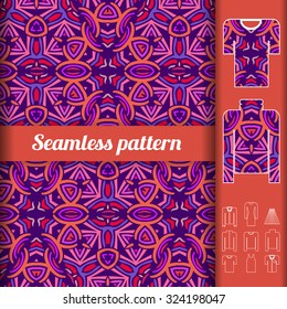 African style seamless pattern with examples of usage. Repeating ornament for fashion clothes. Vector illustration sorted in layers.