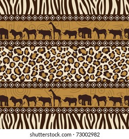 African Style Seamless Pattern With Wild Animals And Skin Patterns.