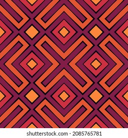 African Style Seamless Surface Pattern In Bright Colors. Ethnic Motif. Repeated Rhombuses, Crosses. Abstract Background. Geometric Digital Paper. Tribal Textile Print. Geometrical Illustration.