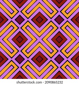 African style seamless surface pattern in bright colors. Ethnic motif. Repeated rhombuses, crosses. Abstract background. Geometric digital paper. Tribal textile print. Geometrical illustration