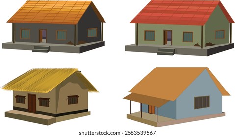 African style traditional house collection, set of village hut with thatched roof vector illustration. cottage icon set isolated on white background	
