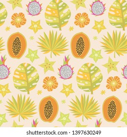 African summer fruits seamless pattern. Exotic summertime wallpaper.