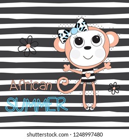 african summer with monkey vector illustration, monkey girl cartoon, T-shirt graphics design for kids
