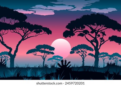 African sunset. Beautiful sunset in Africa with trees and bushes against the backdrop of an amazing red-pink sky with clouds. Vector illustration of natural African landscape for design.