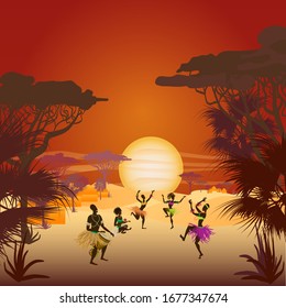 African sunset and dancing natives in ethnic costumes  the setting sun  palm trees   Savannah  Vector illustration 