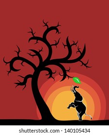 African sunset with elephant and tree