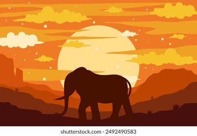 African sunset landscape with elephants silhouettes. Africa nature park, savannah wildlife vector background