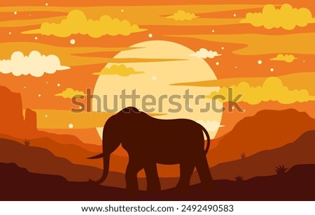 African sunset landscape with elephants silhouettes. Africa nature park, savannah wildlife vector background