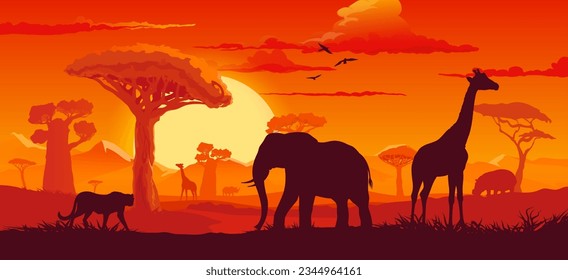 African sunset landscape with safari animals silhouettes. Vector background with elephant, giraffe, hippo and cheetah at dusk savannah scenery nature with birds in red sky, sun and plant shadows svg