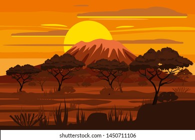 African sunset landscape savannah wild nature. Grass, bushes, acacia trees and mountane. The nature of Africa. Reserves and national parks. Vector illustration isolated cartoon style