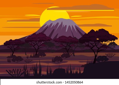 African sunset landscape savannah wild nature. Grass, bushes, acacia trees and mountane. The nature of Africa. Reserves and national parks. Vector illustration isolated cartoon style