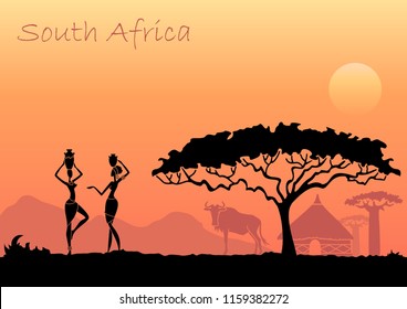 African sunset landscape with silhouettes of people, animals and trees