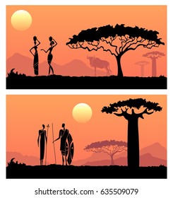 African sunset landscape with silhouettes of people