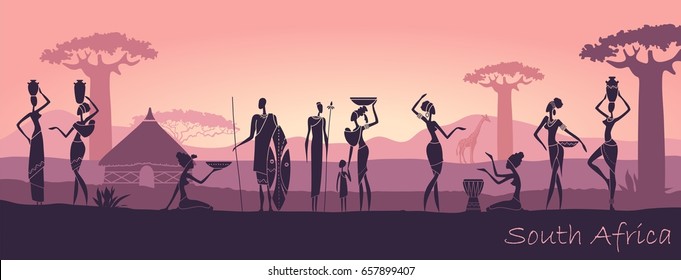 African sunset landscape with silhouettes of people svg