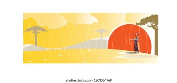 African sunset landscape while raing.Aborigine or native or primitive girl smile in the rain.Safe the world or rain in Africa concept. 
