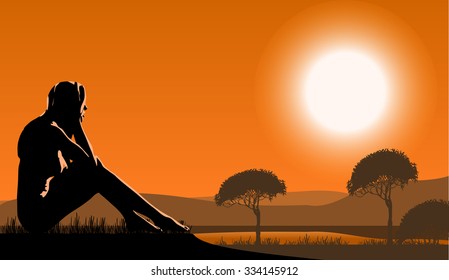African sunset safari savannah with girl. Sunset dusk down