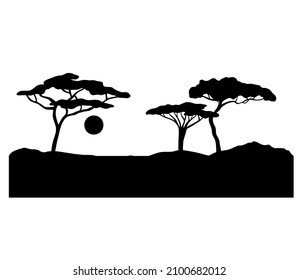 African sunset silhouette. Vector black landscape scene with tree isolated on white background