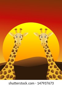 African sunset with two cartoon like giraffes looking at the viewer