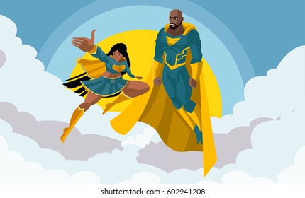 african superhero floating flying couple in the sky