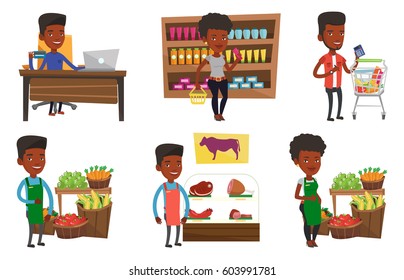 African supermarket worker giving thumb up. Supermarket worker standing on the background of shelves with vegetables and fruits. Set of vector flat design illustrations isolated on white background.