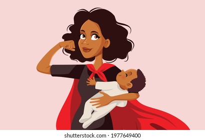 African Supermom Holding Her Baby. Confident Mom Showing Her Strong Arm Carrying For Newborn
