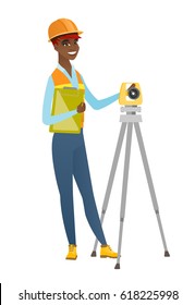 African surveyor builder holding clippboard and working with theodolite. Young surveyor builder standing near theodolite transit equipment. Vector flat design illustration isolated on white background