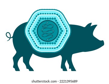 African swine fewer virus icon - with pig silhouette and virus scheme. Isolated vector illustration