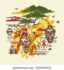 Símbolos africanos: paisaje de león, sabana, máscara tribal y patrón étnico, sol y pájaros. Ilustración de concepto