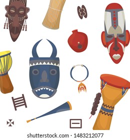 African symbols, masks, totem and drums, Africa pattern vector illustration. Ritual african tribal face covers. Travelling african symbols culture and traditions print.