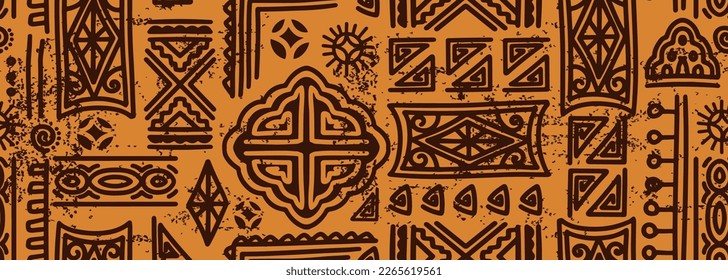 Patrón de símbolos africanos sin fisuras, dibujo étnico tribal. Fondo de textura de grunge dibujado a mano. Ilustración vectorial para la impresión textil de moda.