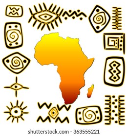 African Symbols Set With Africa Map