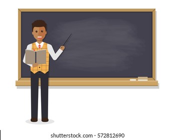 African teacher, black professor standing in front of blackboard teaching student in classroom at school, college or university. Flat design people character.