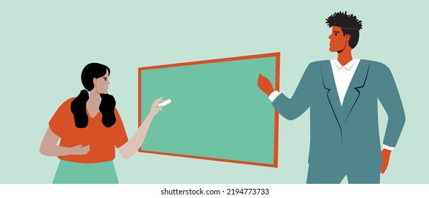 African teacher and schoolgirl at blackboard in classroom at school or college, flat vector stock illustration as template with space for text