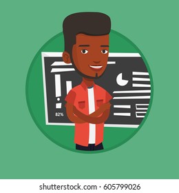 African teacher or student standing in front of chalkboard. Teacher with folded arms standing on the background of chalkboard. Vector flat design illustration in the circle isolated on background.