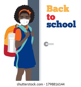 African teen schoolgirl with backpack, wearing medical face mask is opening the classroom door. Back to school during coronavirus pandemic, safety, health protection  concept. Flat vector illustration