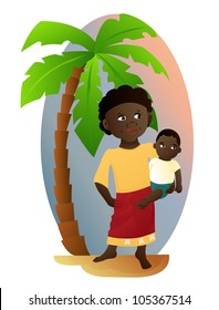 African teenage girl with her younger brother.A beautiful palm tree, a gentle sunset,vector illustration.