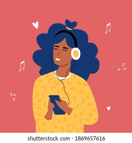 Adolescentes adolescentes africanas hipster escuchan música con auriculares. Estilo de mano suave. ... Ilustración del vector