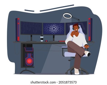 African Teenager Character Wear Headset Sitting at Multiple Professional Desktops and Equipment. Gamer Playing Computer Games, Cyber Sport Technologies, Tournament. Cartoon People Vector Illustration