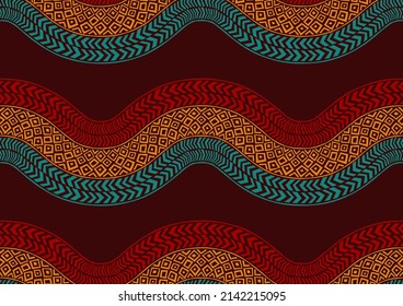 african textile art curvy zig zag and circle point seamless pattern, textile art, fashion background artwork for print, vector file eps10.