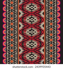 Patrón étnico africano Ikat sobre fondo negro. Patrón étnico africano geométrico tradicional. Estilo azteca ilustración vectorial abstracta. Diseño para textil, tela, ropa, fondo, patrón de borde.