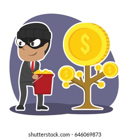 african thief businessman harvesting coins from someone else coin tree