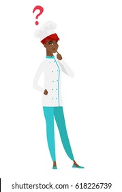 African thinking chef cook with question mark. Thoughtful chef cook with question mark. Chef cook looking at question mark above her head. Vector flat design illustration isolated on white background.