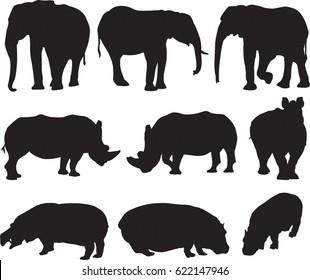 African three types shape of largest animal,african elephant,white rhinoceros and hippo silhouette contour