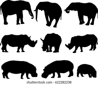 African three types shape of largest animal,african elephant, white rhinoceros and hippo silhouette contour