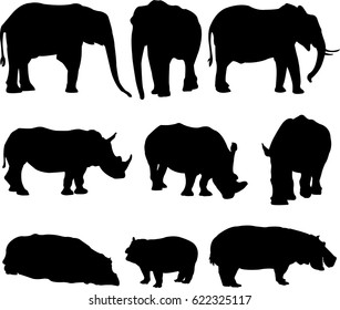 African three types shape of largest animal,african elephant, white rhinoceros and hippo silhouette contour