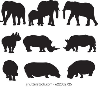 African three types shape of largest animal,african elephant, white rhinoceros and hippo silhouette contour