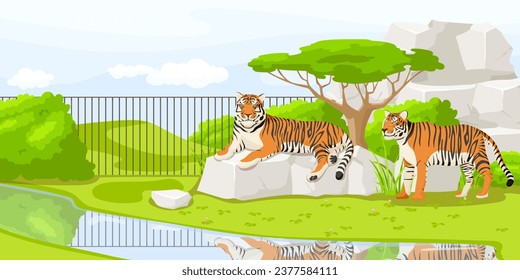 African tiger lying on stone near fence with pond in zoo. Safari vacation. Natural wildlife. Cartoon design. Cute character. Picturesque landscape. Wild savanna with tree. Vector illustration